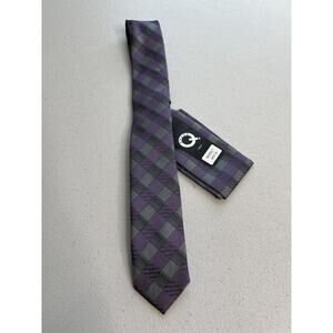 Q Brand Purple/Gray Plaid Pattern 100% Microfiber Designer Tie + Pocket Square